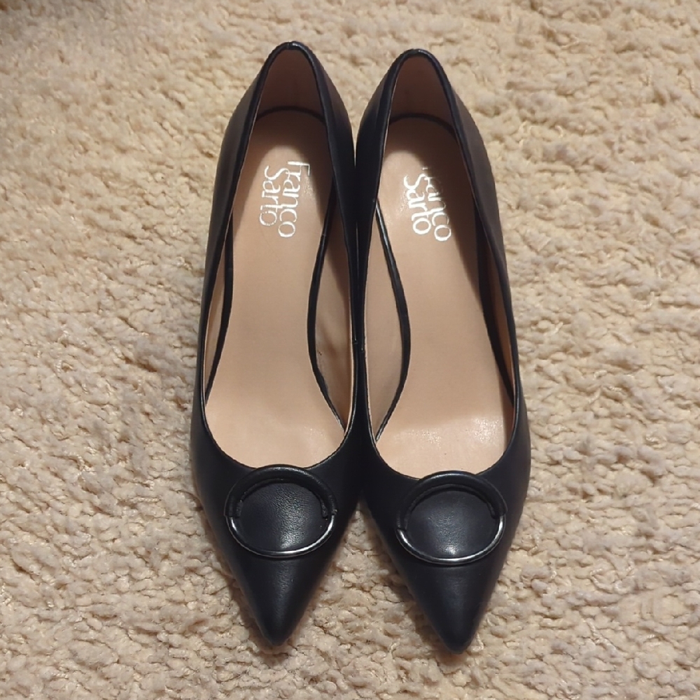 Franco Sarto Women's Black Leather Wedge Heels with Circular Accent